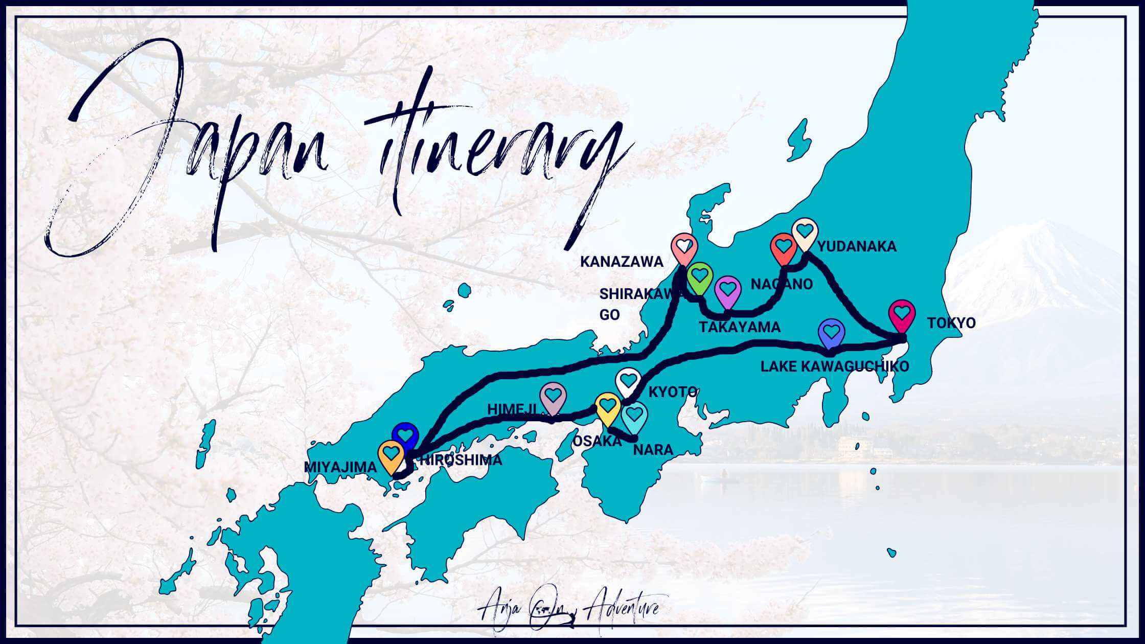 Map of 17 days in Japan travel itinerary.