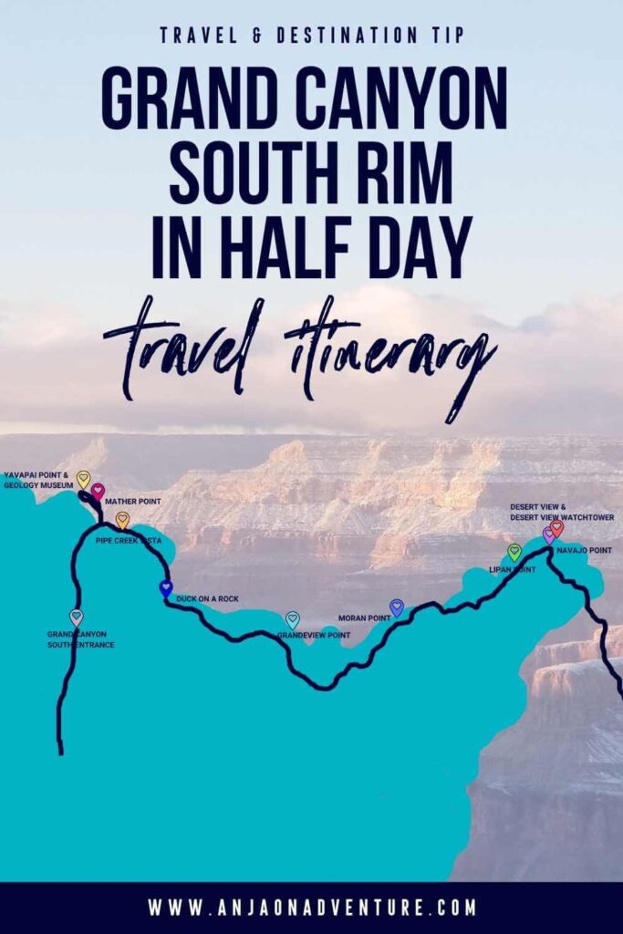 This half day Grand Canyon South Rim itinerary will give you an idea of how to best spend your time at Grand Canyon. This will be a moderately paced itinerary, where you will see all the major sites. From most visited Mather point, Yavapai point and driving along scenic Desert View Drive. The best itinerary for Grand Canyon trip.

| Travel itinerary | Arizona Travel | USA | Grand Canyon | South rim

#arizona #desert #usatravel #southwest #travelitinerary #vacationplan