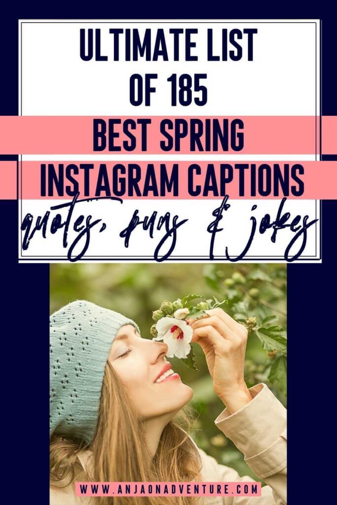This list of spring captions for insta will give you plenty of ideas for unique captions when spending spring break in Mexico, admiring cherry blossoms in Japan or in Washington, taking photos of tulips in the Netherlands, jumping in puddles or coloring Easter eggs. What will you choose from the selection of Anja On Adventure spring Instagram Captions? | Caption Ideas | Easter caption | April | rain | tulip field #instagrammarketing #captionidea #igcaptionideas #puns #quotes #flowerpun