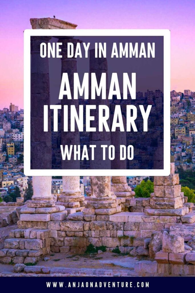 How to plan your visit to Amman Itinerary? Jordan is one of the easiest countries to visit in the Middle East. Follow this 24 hours in Amman guide and learn how to get to Amman, where to sleep, what to do and where to eat. This one day Amman itinerary will tell you how to visit all the famous city sites, and sample local delights on a short stopover in Amman! | Jordan | Amman Citadel | Philadelphia | Middle East | Amman #traveljordan #itineray #Amman #Jordanitinerary #romanruins