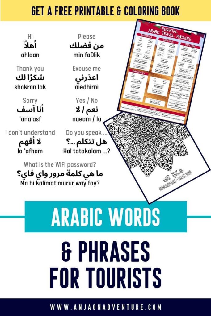 Visiting one of the countries in the Middle East? Check out this list of Arabic travel words and learn Arabic language basics for your trip to UAE, Jordan, Egypt, Morocco, Oman or Saudi Arabia. From how to say thank you in Arabic, to phrases for ordering food and shopping when bargaining on souks and bazaars. FREE Arabic phrases pdf and coloring pages. Jordan travel | Dubai content| Morocco travel phrases | Basics Arabic words | Egypt travel | Visit Qatar #merhaba #shukran #howtosay