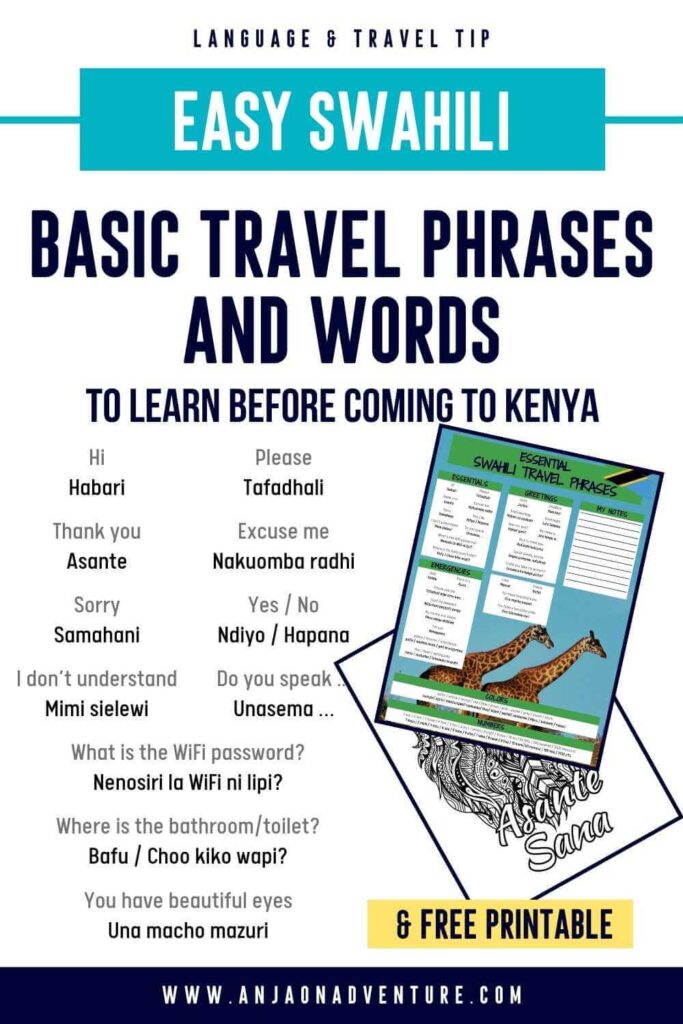 List of essential Swahili travel phrases for tourists traveling to Kenya, Uganda or Rwanda, with Swahili language basics and free Swahili phrases pdf. Easy Swahili travel words, like Hakuna Matata, for anyone interested in learning Swahili language. From how to say thank you in Swahili, to Swahili phrases for going around for easy navigation on your holiday in East Africa.

East Africa | Kenya | Swahili phrases | Swahili beautiful words | Africa travel

#maasai #lionking #gorillas