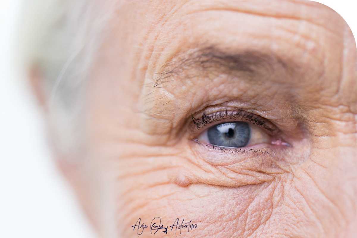 blue eyes of an elderly woman with grey hair