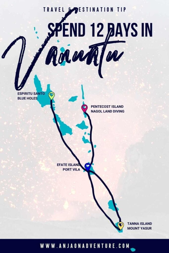 This Vanuatu itinerary will give you an idea of how to spend 12 days in Vanuatu. Visit different Vanuatu islands, Efate, Tanna, Efate and Pentecost, hike Mount Yasur volcano, see vanuatu bungee jumping, naghol or land diving, dive on million dollar point and swim on champagne beach. Meet with kastom traditions and try local cuisine. Map included. | Travel itinerary | Vanuatu | Melanesia | Fiji | Pentecost #travelplan #itinerary #landdiving #mtyasur #travelitinerary #vanuatudiving