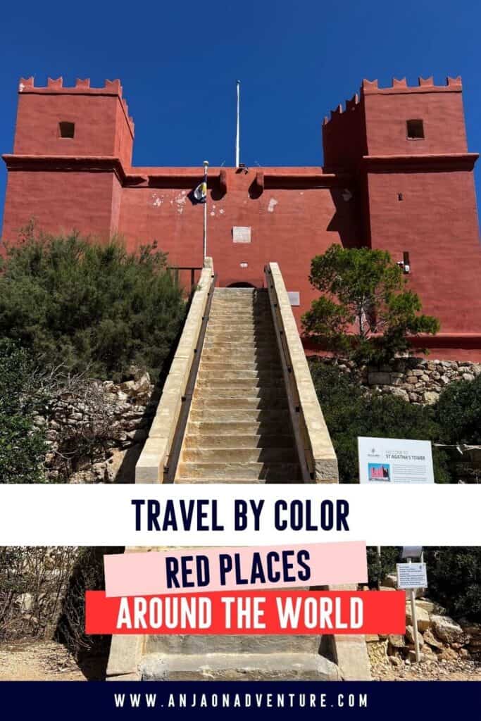 Red places to visit. Not just red spring destinations and Golden Gate Bridge. Travel to red travel aesthetic places in the world. From Moulin rouge, Red fort in Delhi, Red tower in Malta, bridges and red beaches.  Follow color psychology and dopamine travel trend.

red Bucket list | red in nature | red scenery | summer scenery | red celebrations | love

#travelbucketlist #redbeach #travel #color #aesthetics